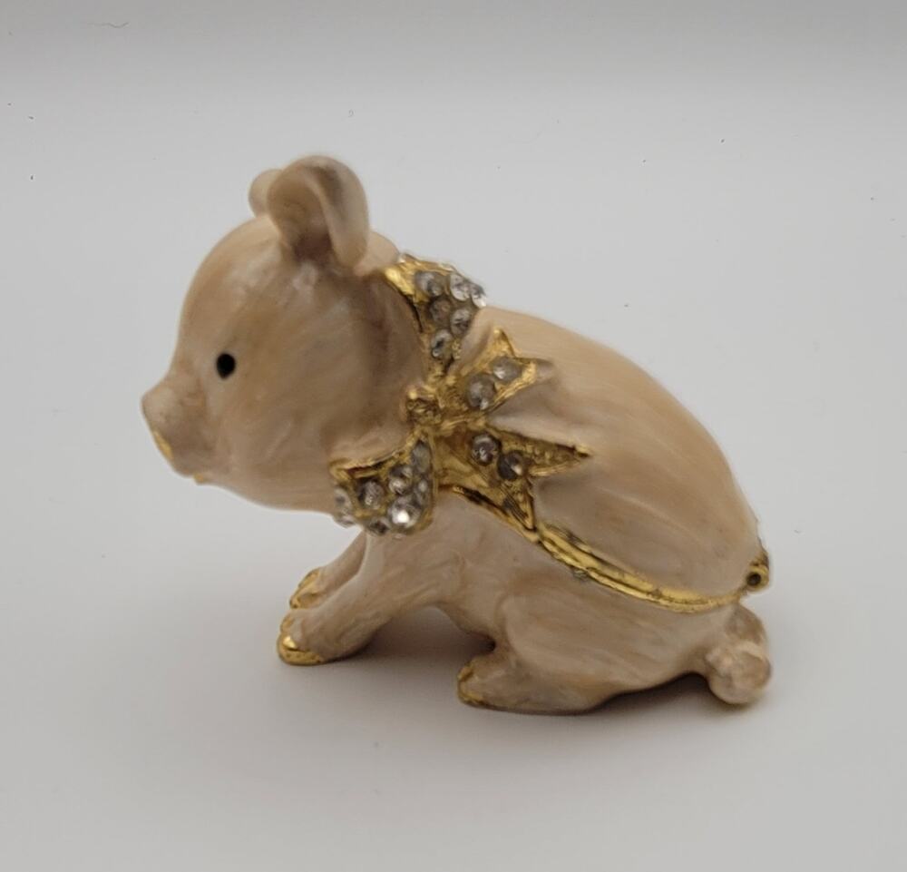 Jeweled Rhinestone Enamel Jewelry Keepsake Trinket Box Pink Pig Piggy Figurine
